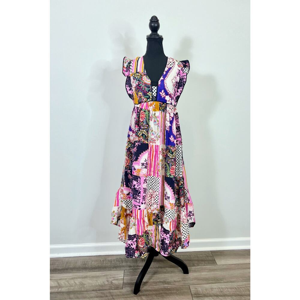 Anthropologie Midi Dress Size 4 Flutter Ruffled Patchwork Mixed Floral Print